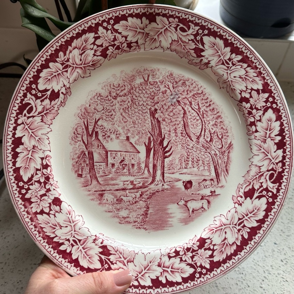 Vintage Currier & Ives Home Sweet Home Red Transferware Plate